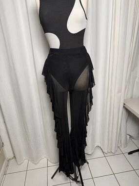 Black Sheer Ruffle Wide-Leg Skirt Overlay